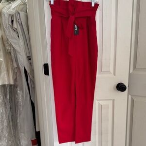 Paperbag Waist High-Rise Pants - Red